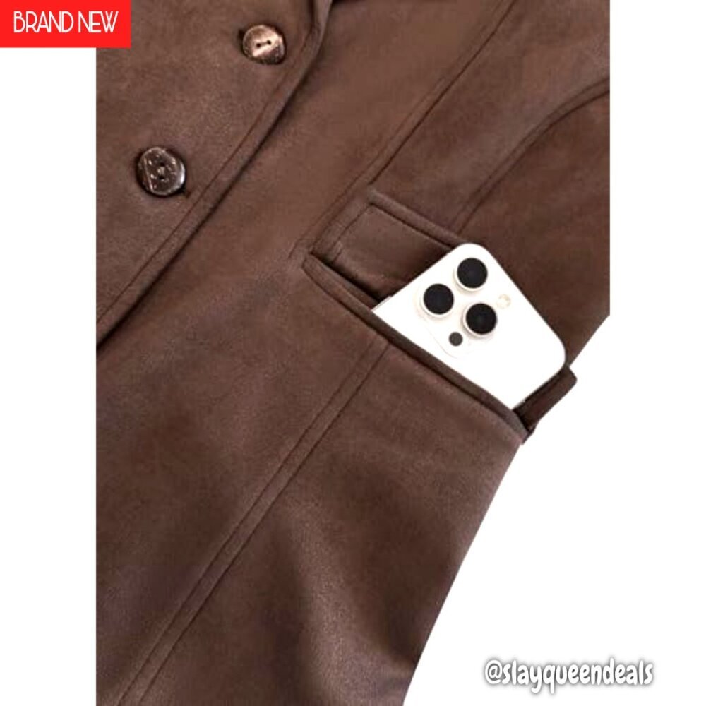 Vintage Faux Suede Blazer Slim Fit Lapel Jacket with Pockets Work Casual - Picture 7 of 7